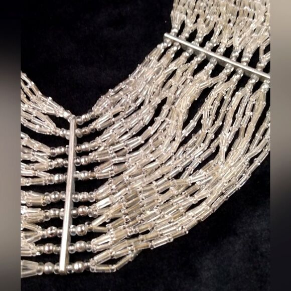 Vintage Clear Glass Beaded Beads Silver Waterfall Necklace Formal Party Bridal - Picture 6 of 16